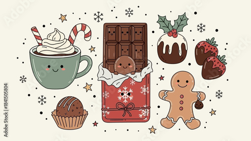 Christmas treats collection with gingerbread man hot chocolate and sweets on cream background with snowflakes