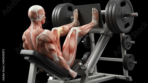 3D anatomical animation of a leg press exercise showing detailed muscle activation, biomechanics, and movement for fitness, training, and educational use.