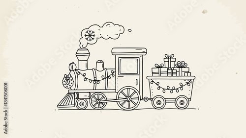 Vintage steam train with festive decorations and gifts on a pale background