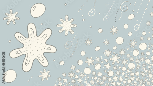 Whimsical illustration of white snowflakes and bubbles on soft green background