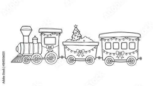 Black and white line drawing of a decorated train with a christmas tree in the middle car on a white background