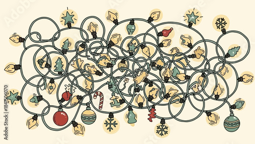 Tangled mess of colorful christmas lights and ornaments on a cream background