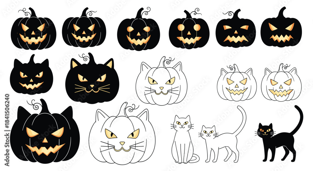 Obraz premium A large set of Halloween illustrations including scary carved jack-o'-lanterns black cats and cat-shaped pumpkins outlines.