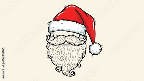 Santa claus head wearing red christmas hat with white trim and pom pom on cream background