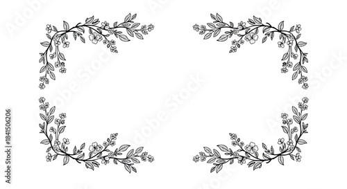 Hand-drawn vintage style rectangular frame made of delicate floral corners with blooming flowers and leaves on white space.