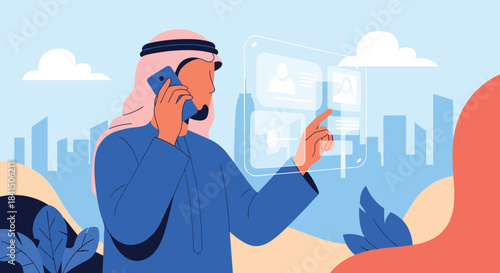 Arab businessman in traditional clothing talking on a smartphone and using a futuristic transparent touchscreen interface.
