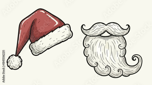 Cartoon santa claus hat and white beard with mustache on white background