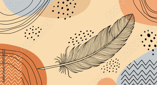 Hand-drawn feather on a modern abstract background with organic shapes dots and lines in a bohemian and artistic style.