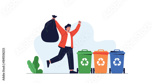 Happy young man sorting waste and throwing a garbage bag into recycling bins for paper plastic and glass for conservation.