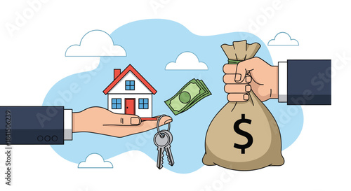 Real estate transaction concept with one hand holding a house and keys and another hand giving a bag of money for purchase.
