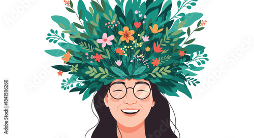 Happy smiling woman with glasses and a lush arrangement of colorful flowers and green leaves growing from her head as hair.