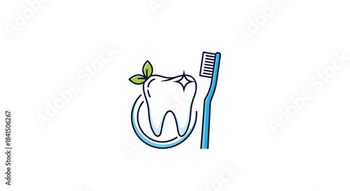 Dental care icon with a sparkling clean white tooth a green leaf and a toothbrush symbolizing natural oral hygiene products.