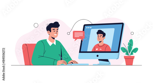 A young man sitting at his desk having a video call or online meeting with a colleague or friend on a computer screen.