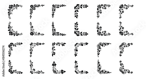 Large collection of black silhouette vintage floral corner ornaments for decorating frames invitations certificates and borders.