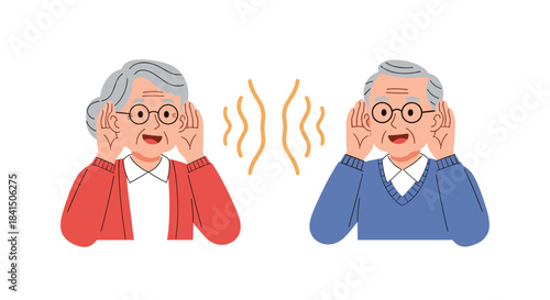 Elderly man and woman cupping their hands to their ears to listen better illustrating age-related hearing loss or impairment.