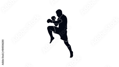 Dynamic Silhouette of a Martial Artist Performing a Powerful Knee Strike in Mid Air