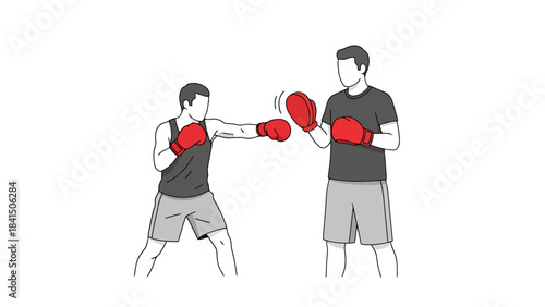Two male athletes practicing boxing drills with red gloves demonstrating combat sports training and athletic discipline
