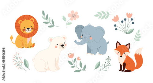 Set of cute woodland and jungle baby animals including a lion polar bear elephant and fox with floral and leaf elements.