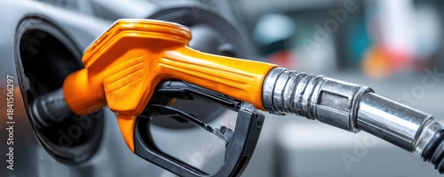 A close-up of an orange fuel nozzle inserted into a gas tank, highlighting fuel dispensing at a service station.