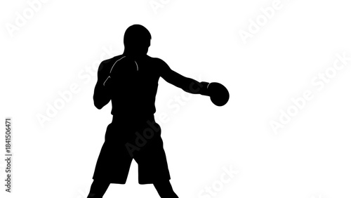 Silhouette of a Boxer Training and Punching in a Studio Against a White Background