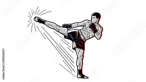 Dynamic Kickboxing Athlete Executes Powerful Leg Strike in Combat Sport Training