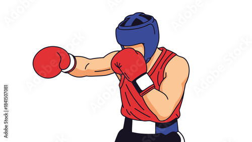 Boxer in Red Gloves and Blue Headgear Delivering a Punch During Training Dynamic Sports Illustration