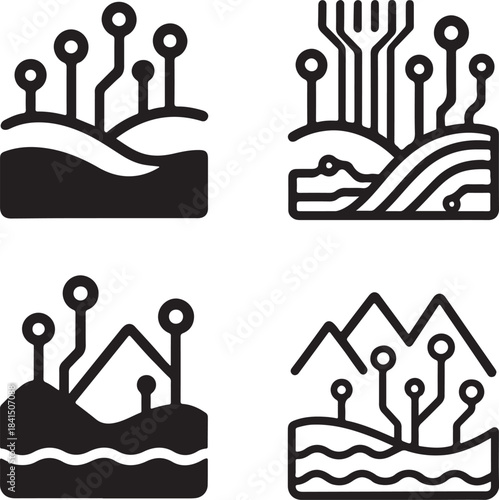 Isolated Landscape Circuit System Icons, Landscape Circuit System, Smart Chip Lines, Digital Connections, Minimal Tech Paths, Solid Black Circuits, Editable Vector
