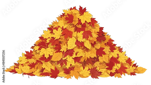A large pile of colorful autumn leaves, predominantly red and yellow, forming a mound against a white background.
