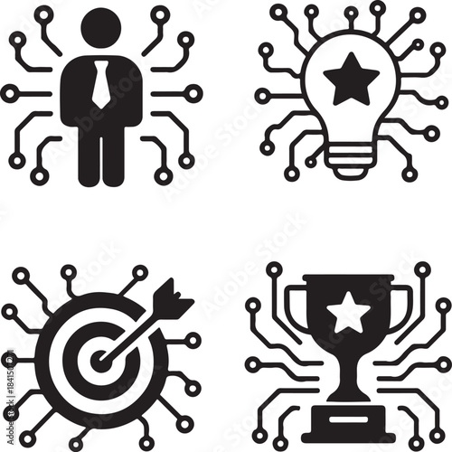 Isolated Success Project Circuit System Icons, Success Project Circuit System, Smart Chip Lines, Digital Connections, Minimal Tech Paths, Solid Black Circuits, Editable Vector