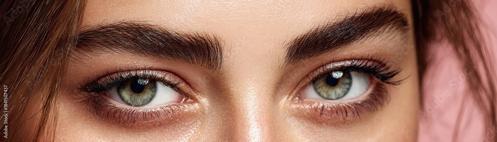 Fototapeta premium Close-up of striking green eyes with defined brows, showcasing beauty and detail against a soft pink background.