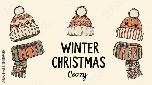 Winter christmas cozy illustration of hats and scarves in warm colors and patterns