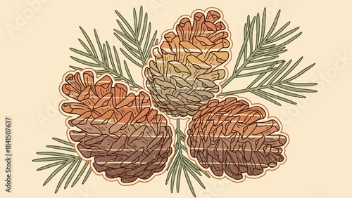 Three pine cones with green needles on pale yellow background