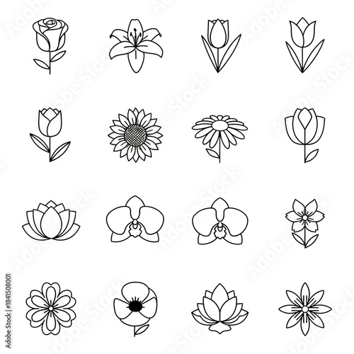 Collection of Silhouetted Flower Icons for Design and Decoration