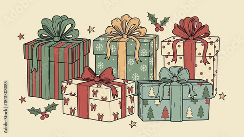 Colorful wrapped christmas presents with ribbons and bows on pale background