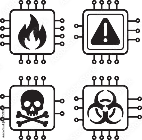 Isolated Hazard Circuit System Icons, Hazard Circuit System, Smart Chip Lines, Digital Connections, Minimal Tech Paths, Solid Black Circuits, Editable Vector