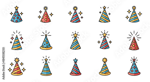 Colorful Conical Party Hats Collection with Stars and Sparkles.