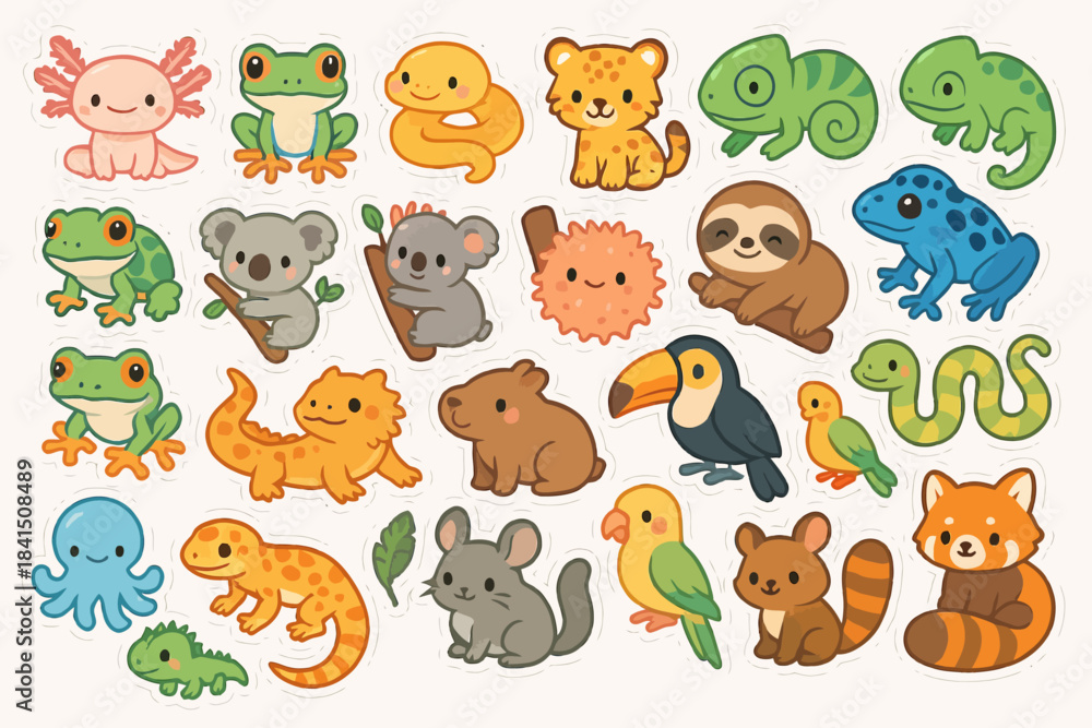 Fototapeta premium Cute cartoon animal stickers featuring frogs, koalas, and more