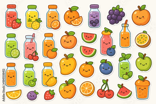 Colorful cartoon fruit and juice collection with smiling faces
