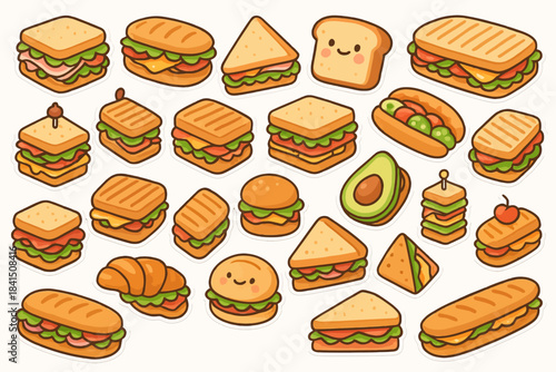 Cute cartoon sandwiches and snacks with adorable smiling faces