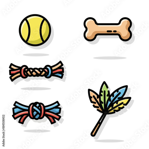 Colorful Dog Toys - Tennis Ball, Bone, Rope Knot, and Feather Teaser, Cartoon Style.