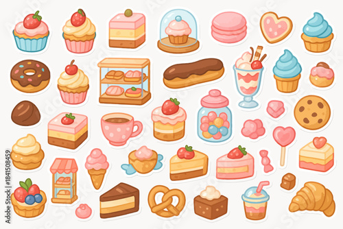 Colorful assortment of delicious dessert stickers with cakes, pastries, and ice cream