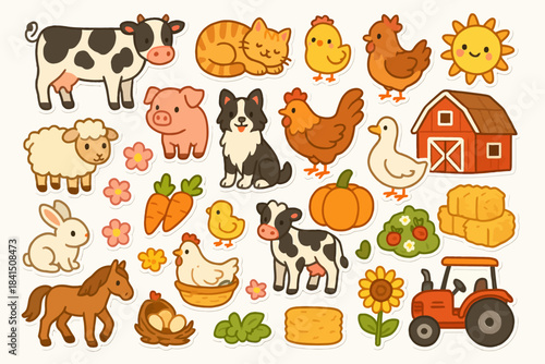 Cute farm animals and produce stickers with barn, tractor, and sun