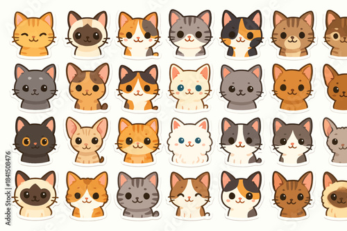 Cute cartoon cat faces collection with various breeds and expressions