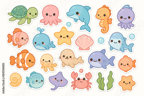 Cute cartoon marine animals sticker collection with whales, dolphins, and turtles