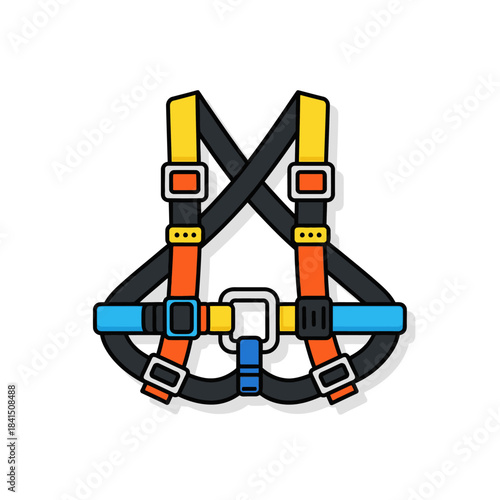Colorful doodle illustration of a full-body safety harness with multiple straps and buckles for fall protection.