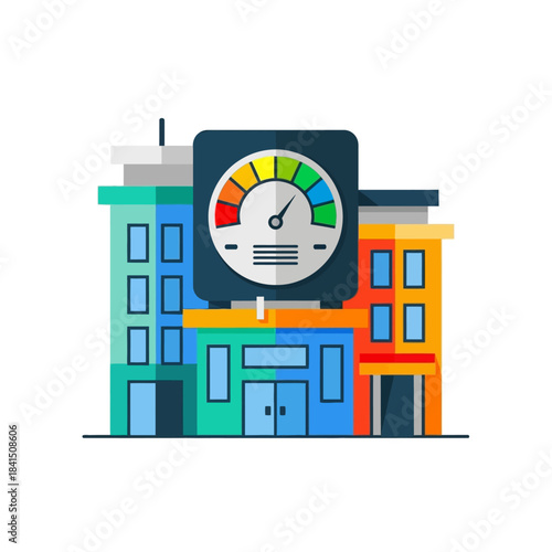Colorful flat design buildings with a large performance rating gauge on the roof, indicating a moderate score.