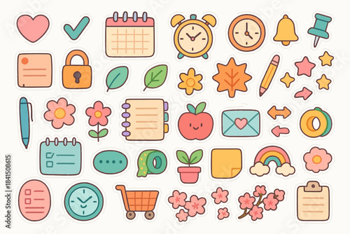 Colorful stationery and icons collection with nature and productivity themes