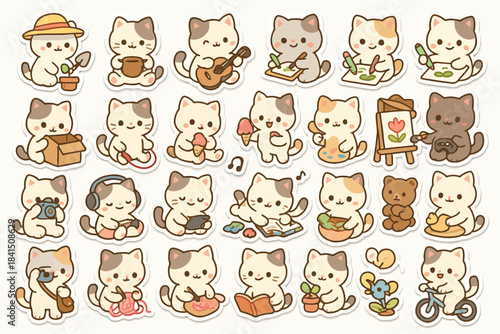 Cute cartoon cats engaging in various fun activities and hobbies