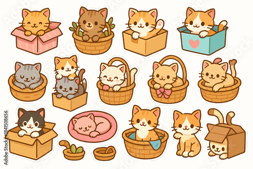 Cute cartoon kittens relaxing in various baskets and boxes