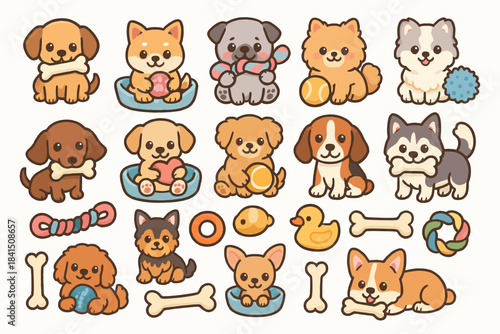 Cute cartoon puppies with toys: playful collection of adorable dog breeds